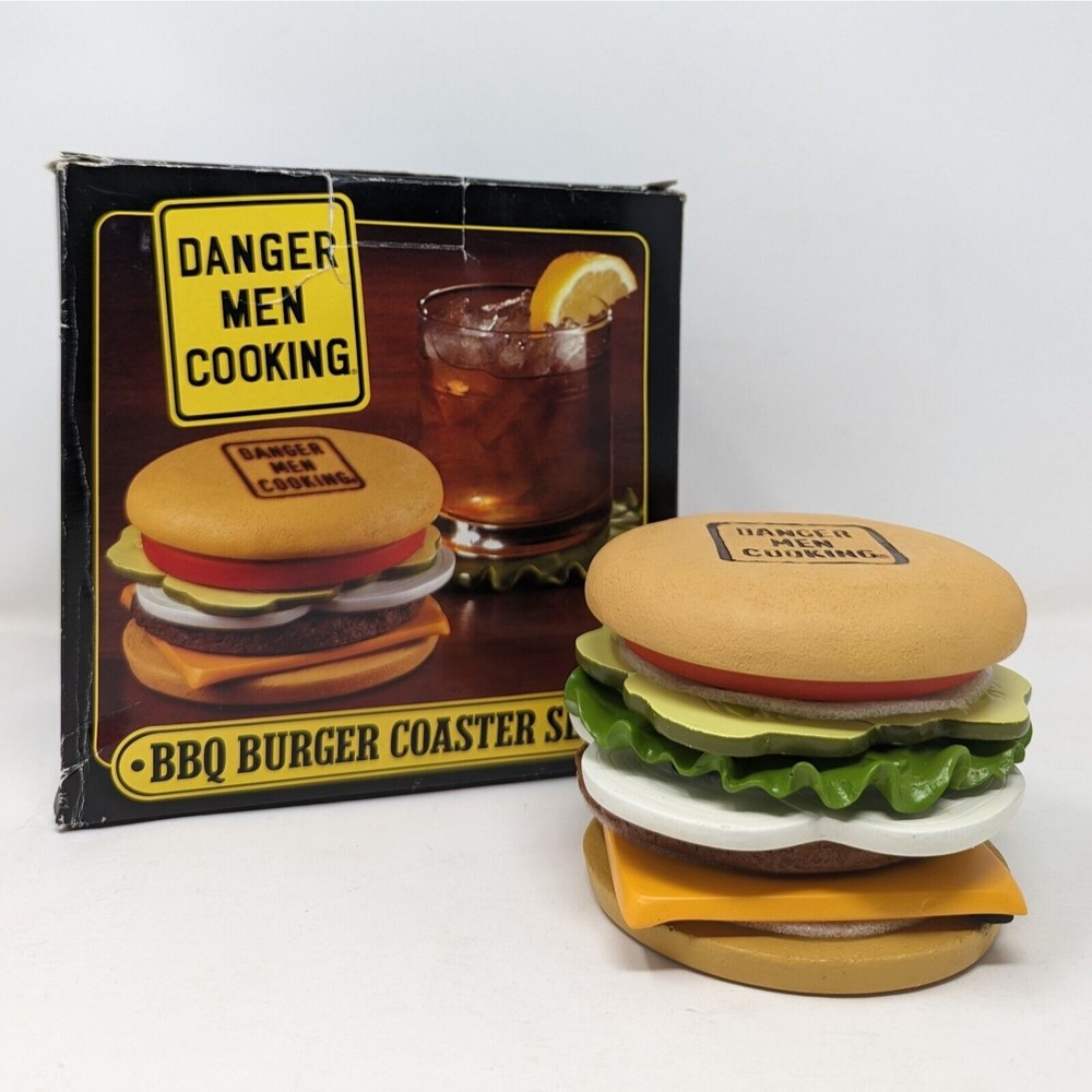 Danger Men Cooking BBQ Burger 8 Piece Coaster Set Cheeseburger 2004 Cowboy Pete